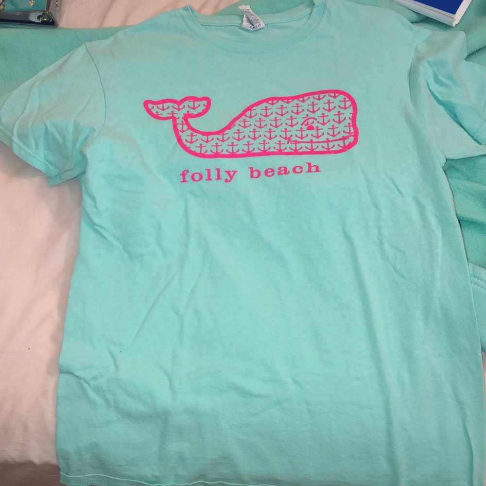 Bright blue and pink Folly Beach shirt